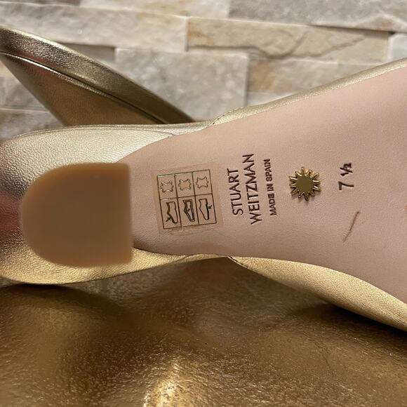 Stuart Weitzman 7.5 Gold Tia Slide Sandals | Calfskin Leather Heels Spain $395 - Picture 8 of 9